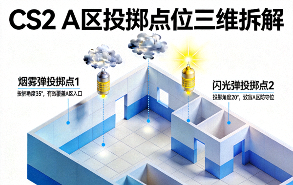 CS2地图A区烟雾弹与闪光弹投掷点位三维拆解示意图