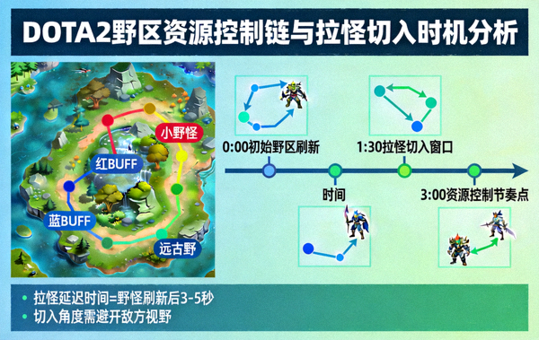 DOTA2野区资源控制链与拉怪切入时机分析示意图