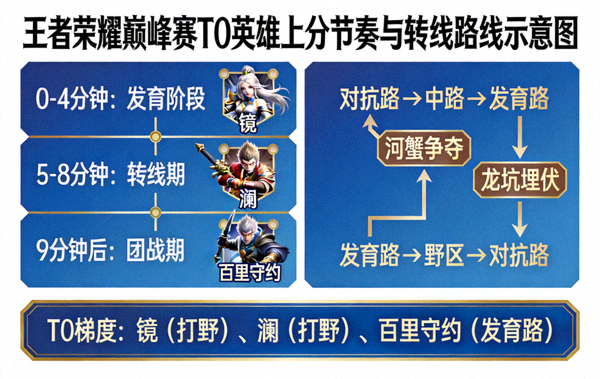 王者荣耀巅峰赛T0英雄上分节奏与转线路线示意图