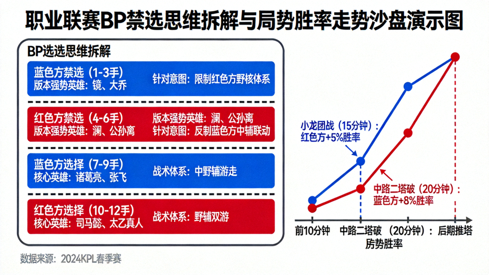 职业联赛BP禁选思维拆解与局势胜率走势沙盘演示图