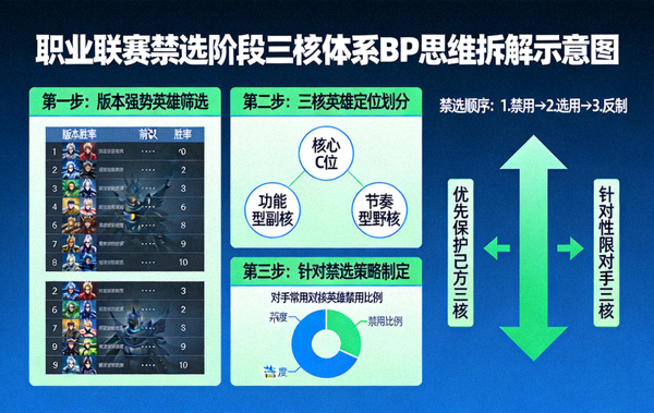 职业联赛禁选阶段三核体系BP思维拆解示意图